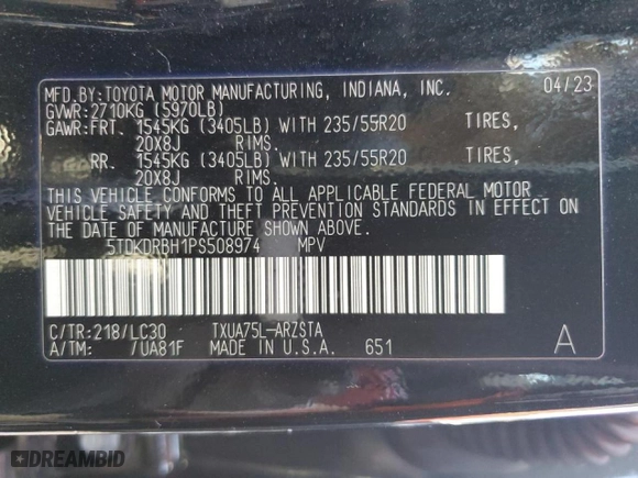 2023 Toyota Highlander L with VIN 5TDKDRBH1PS508974, listed as a Copart auction lot 46431355 with 107,809 mi miles and Salvage Title. Bid and sale history available at carsss.com. Image 13.
