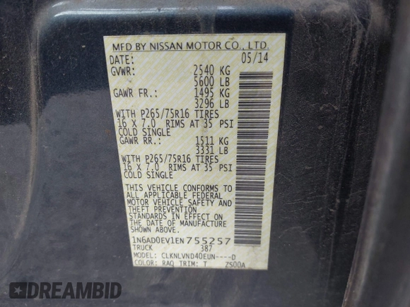 2014 Nissan Frontier SV with VIN 1N6AD0EV1EN755257, listed as a IAAI auction lot 42269702 with 62,451 mi miles and . Bid and sale history available at DreamBid. Image 9.