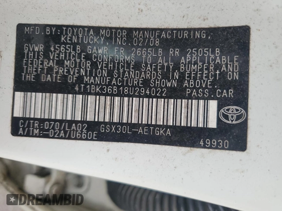 2008 Toyota Avalon XL z VIN 4T1BK36B18U294022, wystawiony jako Copart lot #50586825 z przebiegiem 11 806 mil mil oraz Szkoda całkowita • Salvage title. Historia ofert i sprzedaży dostępna na DreamBid. Obrazek 12.
