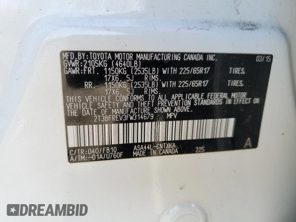 2015 Toyota RAV4 LE with VIN 2T3BFREV3FW314679, listed as a Copart auction lot 49963945 with 124,841 mi miles and Salvage title. Bid and sale history available at DreamBid. Image 13.