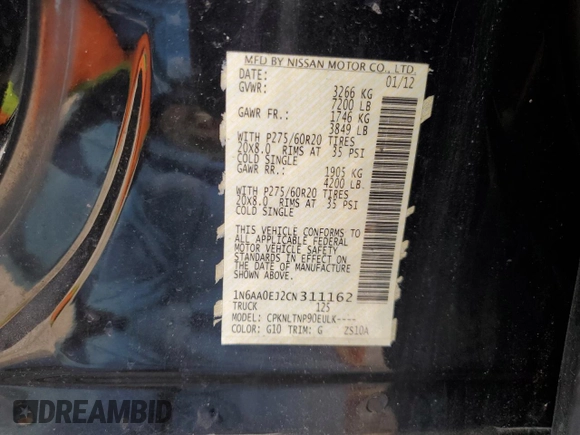 2012 Nissan Titan SV with VIN 1N6AA0EJ2CN311162, listed as a Copart auction lot 54403125 with 233,662 mi miles and Salvage title. Bid and sale history available at DreamBid. Image 12.