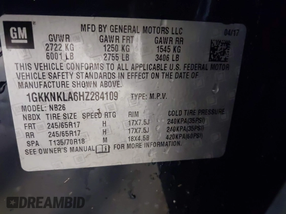 2017 GMC Acadia SLE z VIN 1GKKNKLA6HZ284109, wystawiony jako IAAI lot #41708343 z przebiegiem 92 424 mil mil oraz . Historia ofert i sprzedaży dostępna na DreamBid. Obrazek 9.
