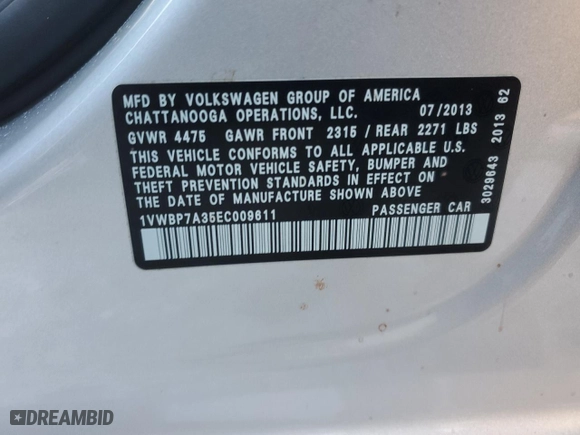 2014 Volkswagen Passat SE with VIN 1VWBP7A35EC009611, listed as a Copart auction lot 88846905 with 99,459 mi miles and Salvage Title. Bid and sale history available at carsss.com. Image 14.