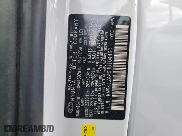 2018 Hyundai Kona SE with VIN KM8K12AA6JU104460, listed as a Copart auction lot 47580855 with 132,011 mi miles and Salvage Title. Bid and sale history available at DreamBid. Image 12.