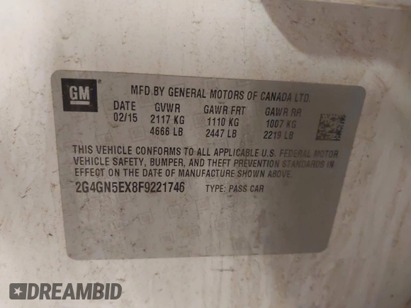 2015 Buick Regal Premium I with VIN 2G4GN5EX8F9221746, listed as a IAAI auction lot 41721345 with 117,475 mi miles and . Bid and sale history available at DreamBid. Image 9.