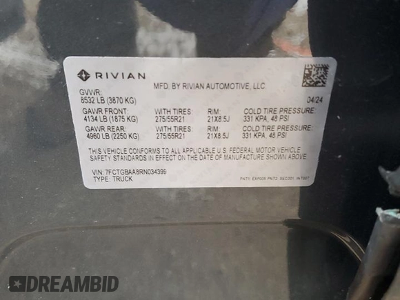 2024 Rivian R1T Adventure with VIN 7FCTGBAA8RN034399, listed as a Copart auction lot 86857044 with 8,176 mi miles and Salvage Title. Bid and sale history available at carsss.com. Image 12.