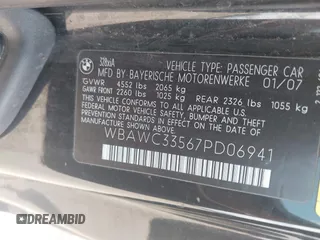 2007 BMW 3 Series 328xi with VIN WBAWC33567PD06941, listed as a IAAI auction lot 42682456 with Not provided miles and . Bid and sale history available at DreamBid. Image 9.
