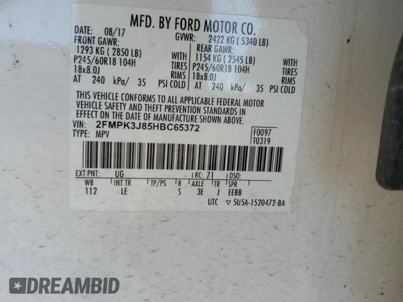 2017 Ford Edge SEL with VIN 2FMPK3J85HBC65372, listed as a Copart auction lot 89199355 with 128,816 mi miles and Salvage Title. Bid and sale history available at carsss.com. Image 15.