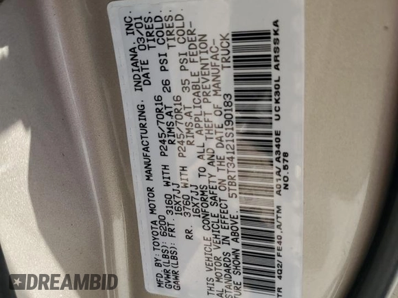 2001 Toyota Tundra SR5 with VIN 5TBRT34121S190183, listed as a Copart auction lot 58151034 with 198,512 mi miles and Non Repairable. Bid and sale history available at DreamBid. Image 12.
