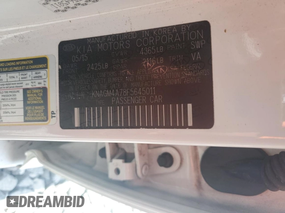 2015 Kia Optima LX with VIN KNAGM4A78F5645011, listed as a Copart auction lot 55041515 with 112,133 mi miles and Salvage Title. Bid and sale history available at DreamBid. Image 13.