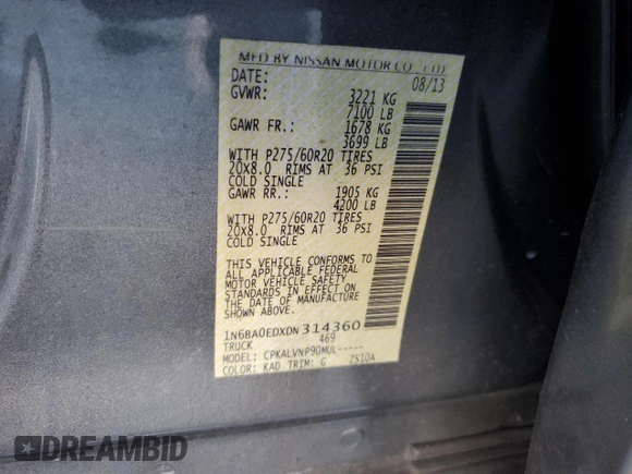 2013 Nissan Titan SL with VIN 1N6BA0EDXDN314360, listed as a Copart auction lot 88669725 with 283,385 mi miles and Salvage Title. Bid and sale history available at carsss.com. Image 14.