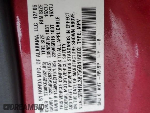 2006 Honda Odyssey EX-L z VIN 5FNRL38756B416802, wystawiony jako Copart lot #57588515 z przebiegiem 169 093 mil mil oraz Szkoda całkowita • Salvage title. Historia ofert i sprzedaży dostępna na DreamBid. Obrazek 13.
