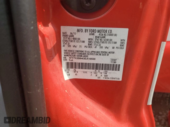 2016 Ford F-250 XLT with VIN 1FT7X2B64GEA16500, listed as a Copart auction lot 58347425 with Not provided miles and Salvage title. Bid and sale history available at DreamBid. Image 12.