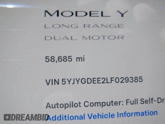 2020 Tesla Model Y Long Range with VIN 5YJYGDEE2LF029385, listed as a IAAI auction lot 42164786 with 58,685 mi miles and . Bid and sale history available at DreamBid. Image 15.