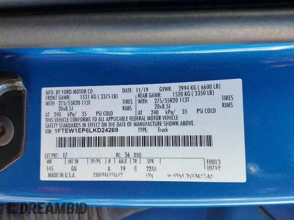 2020 Ford F-150 XL with VIN 1FTEW1EP6LKD24269, listed as a Copart auction lot 43443435 with 59,375 mi miles and Salvage Title. Bid and sale history available at carsss.com. Image 12.