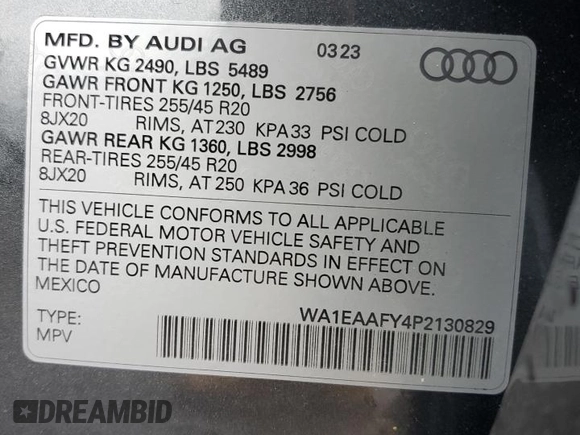 2023 Audi Q5 S line Premium Plus with VIN WA1EAAFY4P2130829, listed as a Copart auction lot 59838705 with 5,901 mi miles and Salvage title. Bid and sale history available at DreamBid. Image 12.