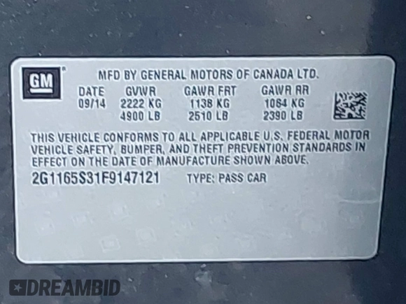 2015 Chevrolet Impala LTZ with VIN 2G1165S31F9147121, listed as a IAAI auction lot 41880171 with 135,484 mi miles and . Bid and sale history available at DreamBid. Image 9.
