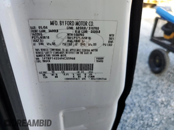 2004 Ford F-150 XL with VIN 1FTRF14554NC05968, listed as a Copart auction lot 88081415 with 153,970 mi miles and Salvage Title. Bid and sale history available at DreamBid. Image 12.
