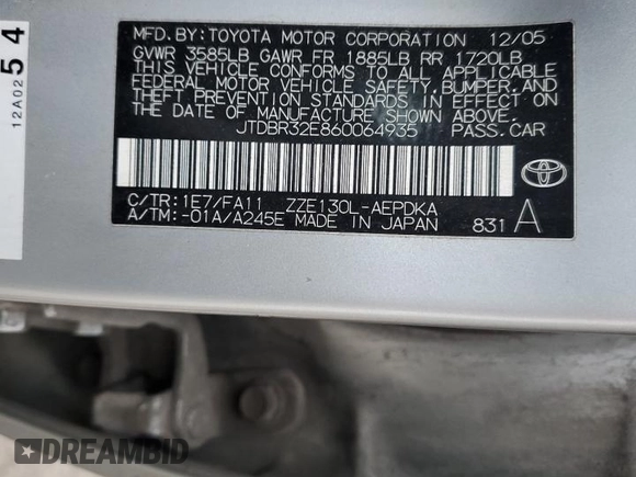 2006 Toyota Corolla CE with VIN JTDBR32E860064935, listed as a Copart auction lot 42436825 with 156,828 mi miles and Clean title. Bid and sale history available at DreamBid. Image 14.