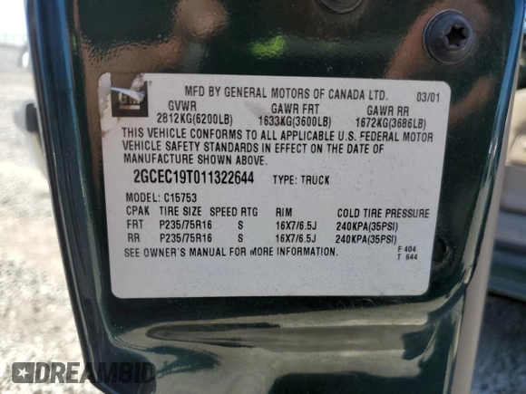 2001 Chevrolet Silverado 1500 LS with VIN 2GCEC19T011322644, listed as a Copart auction lot 52231035 with 234,521 mi miles and Salvage Title. Bid and sale history available at DreamBid. Image 12.