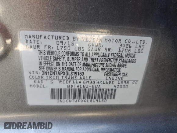 2016 Nissan Versa S with VIN 3N1CN7APXGL819150, listed as a Copart auction lot 59051605 with 124,360 mi miles and Salvage title. Bid and sale history available at DreamBid. Image 12.
