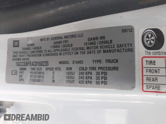 2012 Chevrolet Colorado Work Truck with VIN 1GCCSBFE4C8168235, listed as a IAAI auction lot 41569718 with 177,724 mi miles. Bid and sale history available at carsss.com. Image 9.