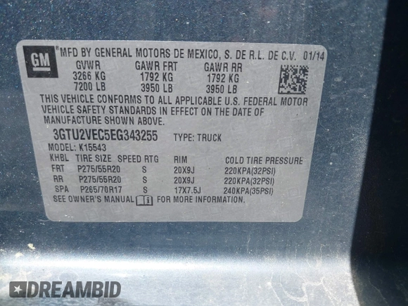 2014 GMC Sierra 1500 SLT with VIN 3GTU2VEC5EG343255, listed as a IAAI auction lot 41699805 with 169,501 mi miles and . Bid and sale history available at DreamBid. Image 9.