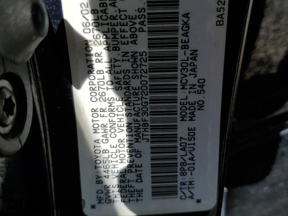 2002 Lexus ES 300 with VIN JTHBF30G720072725, listed as a Copart auction lot 61792275 with 196,805 mi miles and Salvage title. Bid and sale history available at DreamBid. Image 13.
