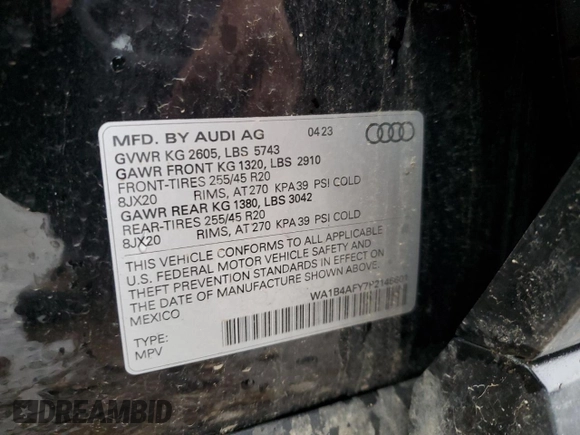 2023 Audi SQ5 Premium Plus with VIN WA1B4AFY7P2146601, listed as a Copart auction lot 46319784 with 8,273 mi miles and Salvage title. Bid and sale history available at DreamBid. Image 13.