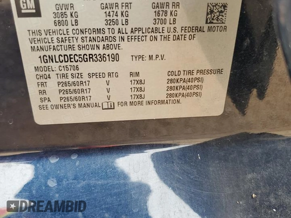2016 Chevrolet Tahoe Commercial with VIN 1GNLCDEC5GR336190, listed as a Copart auction lot 61215565 with 92,007 mi miles and Salvage title. Bid and sale history available at DreamBid. Image 13.