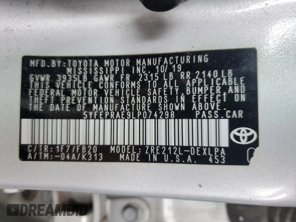 2020 Toyota Corolla LE with VIN 5YFEPRAE9LP074298, listed as a Copart auction lot 54745225 with 81,612 mi miles and Clean Title. Bid and sale history available at DreamBid. Image 12.