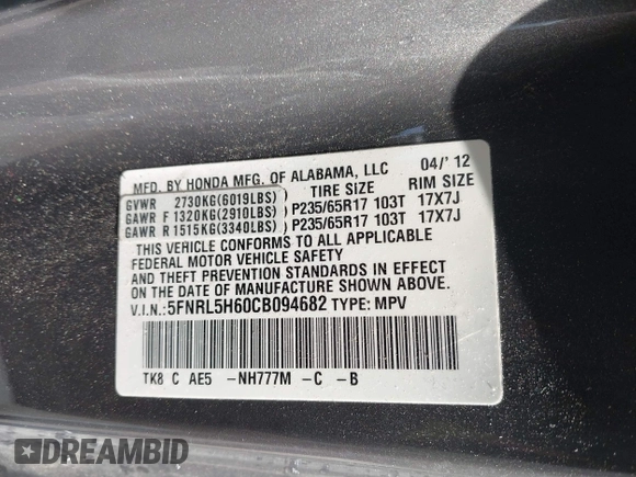 2012 Honda Odyssey EX-L with VIN 5FNRL5H60CB094682, listed as a IAAI auction lot 41570797 with 127,890 mi miles and . Bid and sale history available at carsss.com. Image 9.