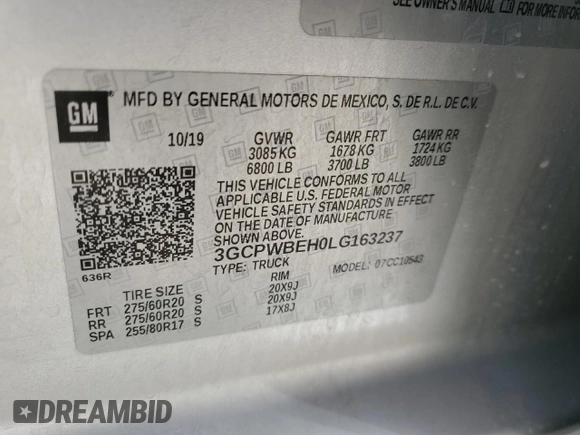 2020 Chevrolet Silverado 1500 Custom with VIN 3GCPWBEH0LG163237, listed as a Copart auction lot 45110465 with 79,285 mi miles and Clean Title. Bid and sale history available at carsss.com. Image 12.