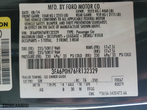 2015 Ford Fusion SE with VIN 3FA6P0H76FR132329, listed as a Copart auction lot 50245585 with 190,687 mi miles and Salvage Title. Bid and sale history available at carsss.com. Image 12.