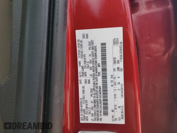 2015 Ford Escape Titanium with VIN 1FMCU0J92FUC42929, listed as a Copart auction lot 59863845 with 226,265 mi miles and Salvage title. Bid and sale history available at DreamBid. Image 13.
