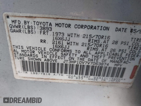1997 Toyota RAV4 with VIN JT3HP10V7V7063874, listed as a IAAI auction lot 41711332 with 152,849 mi miles and . Bid and sale history available at DreamBid. Image 9.