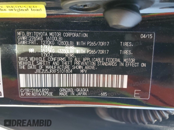 2015 Toyota 4Runner SR5 with VIN JTEZU5JRXF5101804, listed as a Copart auction lot 52541795 with 188,012 mi miles and Clean title. Bid and sale history available at DreamBid. Image 14.
