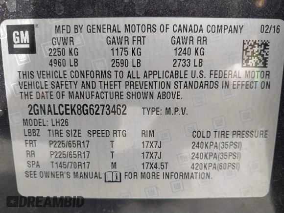2016 Chevrolet Equinox LT with VIN 2GNALCEK8G6273462, listed as a IAAI auction lot 41772539 with 100,348 mi miles and . Bid and sale history available at carsss.com. Image 9.