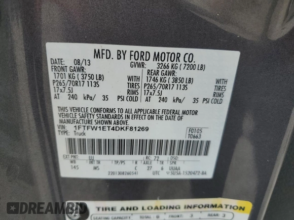 2013 Ford F-150 XL with VIN 1FTFW1ET4DKF81269, listed as a Copart auction lot 55813125 with 158,729 mi miles and Salvage title. Bid and sale history available at DreamBid. Image 12.