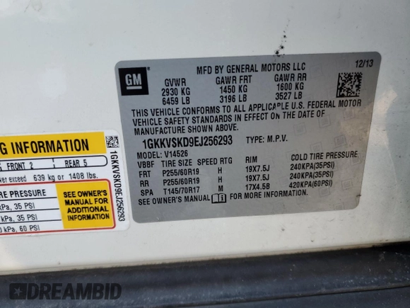 2014 GMC Acadia SLT with VIN 1GKKVSKD9EJ256293, listed as a Copart auction lot 42230505 with 129,458 mi miles and Salvage Title. Bid and sale history available at carsss.com. Image 13.