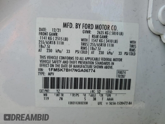 2022 Ford Explorer with VIN 1FMSK7BH7NGA06774, listed as a Copart auction lot 69115154 with 53,189 mi miles and Clean Title. Bid and sale history available at carsss.com. Image 13.