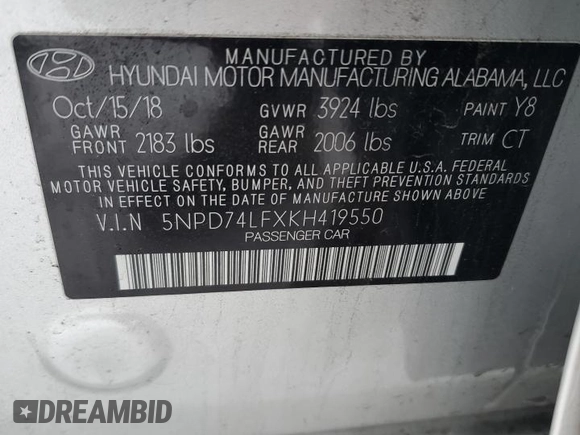 2019 Hyundai Elantra SE with VIN 5NPD74LFXKH419550, listed as a Copart auction lot 87069444 with 49,507 mi miles and Salvage Title. Bid and sale history available at DreamBid. Image 12.