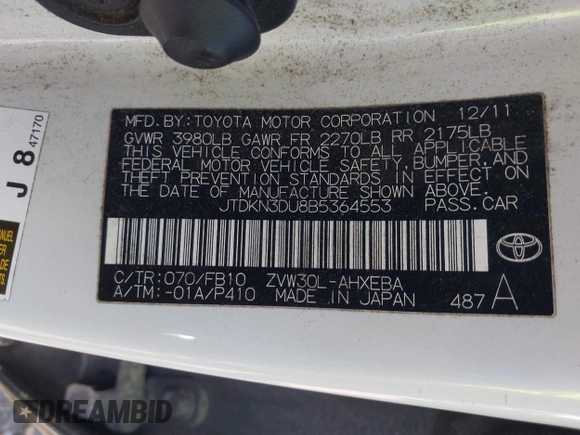 2011 Toyota Prius I with VIN JTDKN3DU8B5364553, listed as a IAAI auction lot 41993267 with 207,298 mi miles and . Bid and sale history available at DreamBid. Image 9.