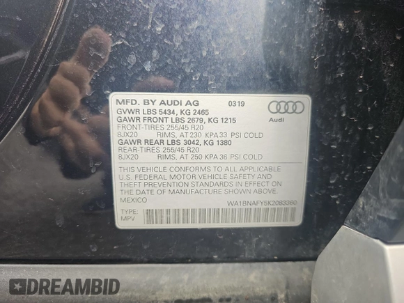 2019 Audi Q5 Premium Plus with VIN WA1BNAFY5K2083360, listed as a Copart auction lot 52040605 with 36,850 mi miles and Salvage Title. Bid and sale history available at carsss.com. Image 10.
