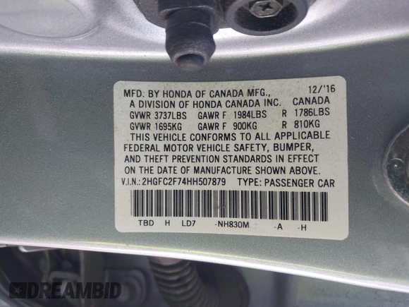2017 Honda Civic Sedan EX with VIN 2HGFC2F74HH507879, listed as a IAAI auction lot 42020695 with 1 mi miles. Bid and sale history available at carsss.com. Image 9.