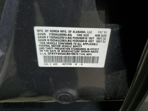 2012 Honda Pilot EX-L with VIN 5FNYF4H54CB019973, listed as a Copart auction lot 64614135 with 102,352 mi miles and Salvage title. Bid and sale history available at DreamBid. Image 13.