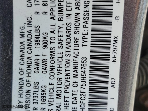 2018 Honda Civic Sedan EX with VIN 2HGFC2F75JH547653, listed as a Copart auction lot 50759555 with 48,536 mi miles and Salvage Title. Bid and sale history available at carsss.com. Image 13.