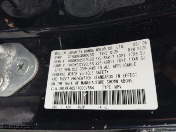 2007 Honda CR-V EX with VIN JHLRE48517C007664, listed as a IAAI auction lot 41869688 with 177,519 mi miles. Bid and sale history available at carsss.com. Image 9.