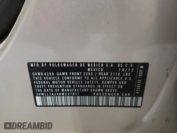 2013 Volkswagen Jetta TDI w/Premium/Nav with VIN 3VWLL7AJ4DM237837, listed as a Copart auction lot 89401845 with Not provided miles and Salvage title. Bid and sale history available at DreamBid. Image 12.