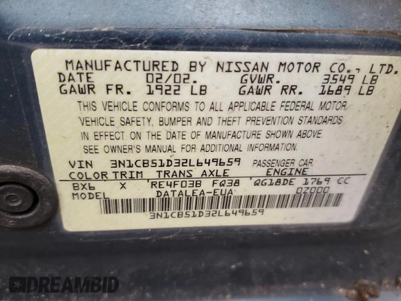 2002 Nissan Sentra GXE z VIN 3N1CB51D32L649659, wystawiony jako Copart lot #85820784 z przebiegiem 201 084 mil mil oraz Szkoda całkowita • Salvage title. Historia ofert i sprzedaży dostępna na DreamBid. Obrazek 13.